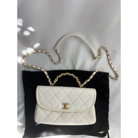 Chanel Timeless Classique Top Handle Leather Bag Quilted Flap White Cream Gold - Picture 7 of 15